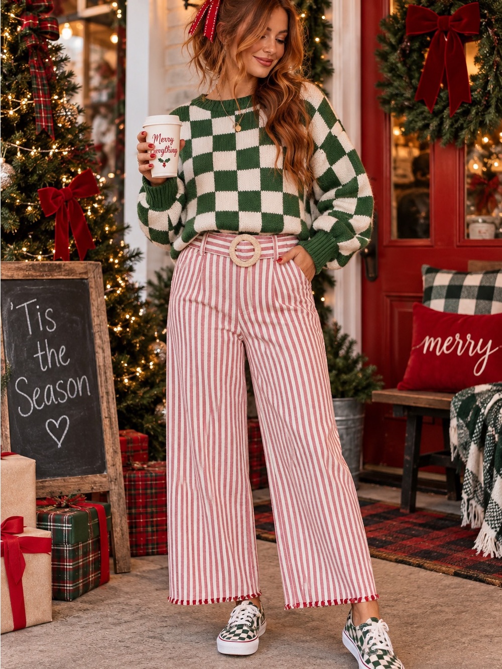Moon River Red & Cream Striped Wide Leg Pants Size L